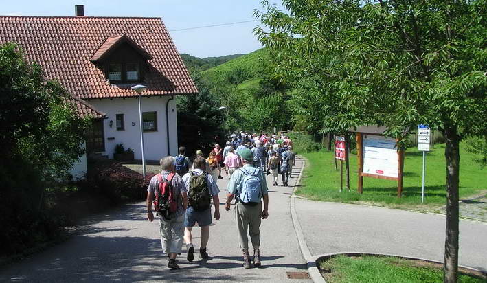 Wandergrupp geht in Richtung Kraichsee